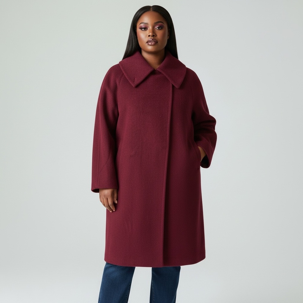 Hilary Radley Wine Wool Alpaca Blend Double Breasted Snap Closure Longline Coat